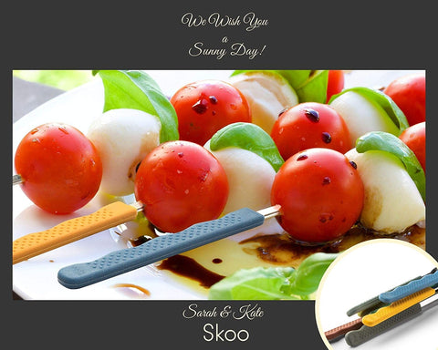 Image of Skoo Barbecue Skewers Set - 7 Silicone Handled Stainless Steel BBQ Skewers + Silicone Storage Bag - 14" Flat Metal Shish Kebab Skewers for Grilling - Reusable Grill Kabob Skewer Sticks + Rollable Bag