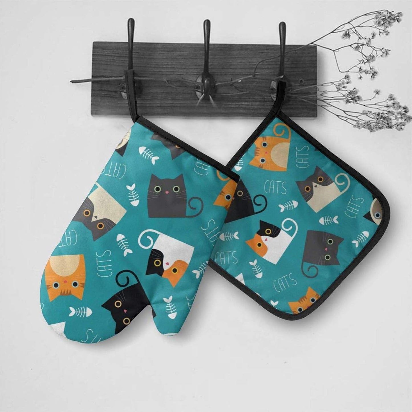Cats Fishbone Oven Mitts and Pot Holders Set， Heat Resistant Kitchen Gloves with Inner Cotton Layer for Cooking Baking Grilling