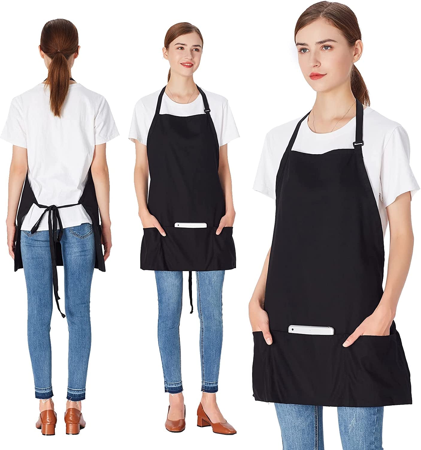 2 Pack 3 Pockets 100% Cotton Adjustable Bib Apron Chef Kitchen Cooking Aprons for Women Men, Black