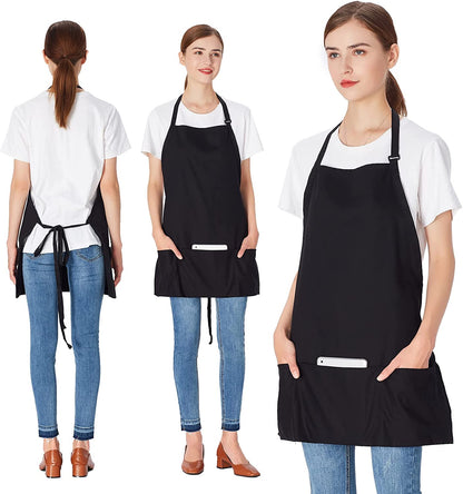 2 Pack 3 Pockets 100% Cotton Adjustable Bib Apron Chef Kitchen Cooking Aprons for Women Men, Black