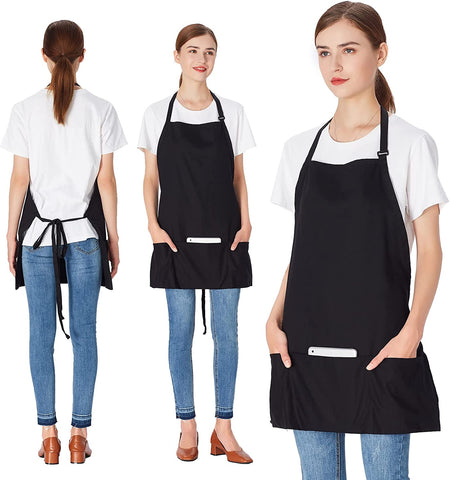 Image of 2 Pack 3 Pockets 100% Cotton Adjustable Bib Apron Chef Kitchen Cooking Aprons for Women Men, Black