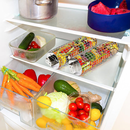 CEBERVICE Rolling Grilling Baskets, SUS304 Stainless Steel, REMOVABLE WOODEN HANDLE, Portable BBQ Outdoor Camping round Cylinder Grilling Rack for Fish, Vegetables, Shrimp, Barbeque Griller Cooking Accessories Gifts for Men, Dad, Father, Husband