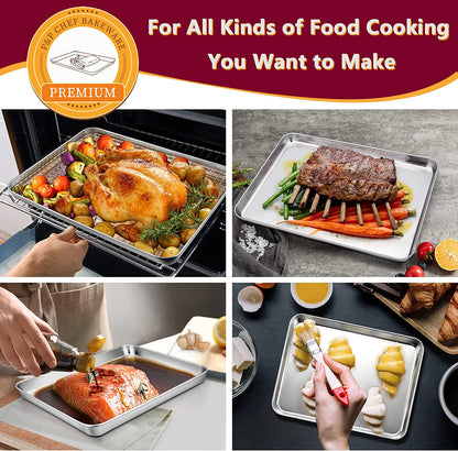 P&P CHEF Baking Sheet and Rack Set, 6 PACK (3 Sheets + 3 Racks), 3 Sizes Stainless Steel Baking Pans Cookie Sheets with Cooling Racks for Cooking & Roasting, Oven & Dishwasher Safe, Healthy & Durable