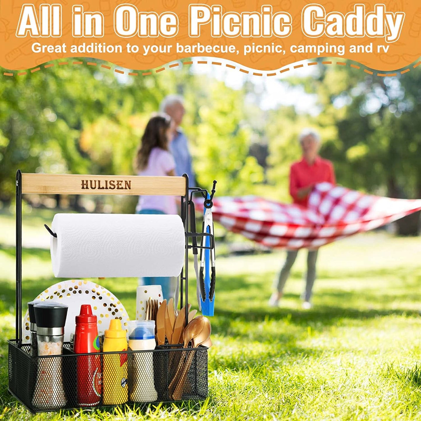 Grill Caddy, BBQ Caddy with Paper Towel Holder, Utensil Caddy for Plates and Utensils, Picnic Condiments Caddy for Barbucue Griddle Accessories, Outdoor Camper Camping RV Backyard Must Have