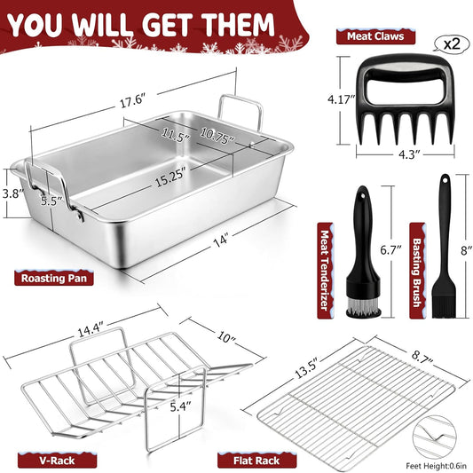 15.3’’ Roasting Pan with Racks, Joyfair 7 Pcs Stainless Steel Large Turkey Roaster Pan with Handle, Cooling Flat Rack/V-Rack, Meat Tenderizer/Claws and Brush, Heavy Duty & Multi-Use, Dishwasher Safe