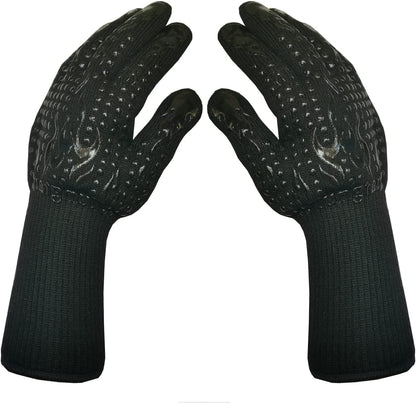 Mitts Oven Gloves with Fingers BBQ Heat Resistant Gloves Oven Gloves 1472℉ 14Inch Cut Resistant Cooking Grill Gloves Silicone Non-Slip Cooking Gloves for Grilling/Baking for Gift (Large, Black)