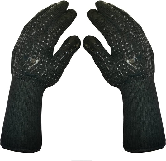 Mitts Oven Gloves with Fingers BBQ Heat Resistant Gloves Oven Gloves 1472℉ 14Inch Cut Resistant Cooking Grill Gloves Silicone Non-Slip Cooking Gloves for Grilling/Baking for Gift (Large, Black)