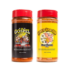 Meat Church BBQ Rub Combo: Honey Hog (14 Oz) and the Gospel (14 Oz) BBQ Rub and Seasoning for Meat and Vegetables, Gluten Free, One Bottle of Each