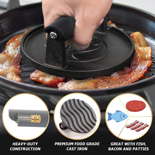 Smash Burger Press - Heavy Duty Hamburger Press W/Heat Resistant Handle - Cast Iron Grill Press, Bacon Press, Sandwich Press - round Burger Smasher for Griddle - Meat Press - BBQ Grilling Accessories