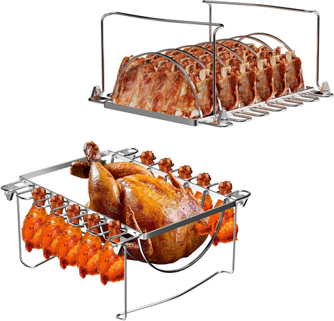 Image of BBQ Future 3-In-1 Rib Racks & Chicken Leg Rack for Grilling and Smoking - Premium Stainless Steel Foldable Rib and Drumstick Roasting Racks - Holds 1 Whole Chicken, 12 Chicken Leg Wing, 6 Large Ribs