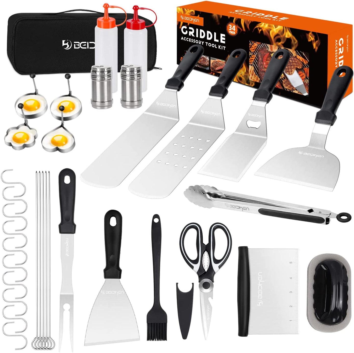 Griddle Accessories Kit, 34Pcs Stainless Steel Flat Top Grill Tools Set for Blackstone and Camp Chef, Grilling Spatula Set, Scraper, Carry Bag, Grill Cleaning Accessories for Men Outdoor BBQ