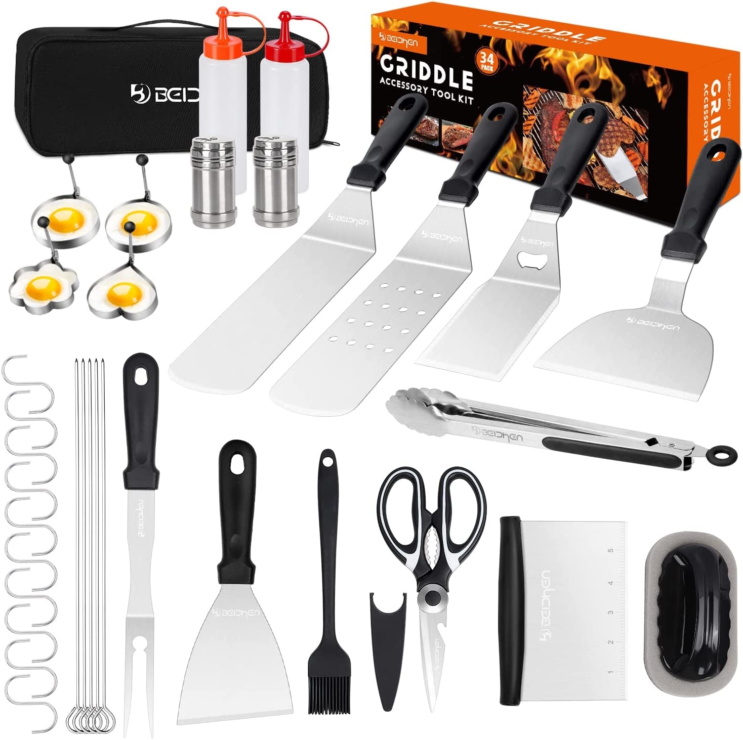 Griddle Accessories Kit, 34Pcs Stainless Steel Flat Top Grill Tools Set for Blackstone and Camp Chef, Grilling Spatula Set, Scraper, Carry Bag, Grill Cleaning Accessories for Men Outdoor BBQ