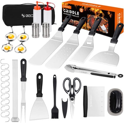 Griddle Accessories Kit, 34Pcs Stainless Steel Flat Top Grill Tools Set for Blackstone and Camp Chef, Grilling Spatula Set, Scraper, Carry Bag, Grill Cleaning Accessories for Men Outdoor BBQ