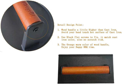 8.3"×4.3" Heavy-Duty Cast Iron Grill Press and Steak Weight with Cool-Touch Comfort-Grip Wood Handle - BBQ Accessories for Griddle, Outdoor Grill, Panini, Tortilla (2 Rectangle)