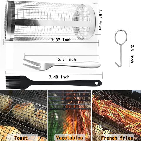 Image of Cooking Coll Rolling Grilling Basket,Round Stainless Steel BBQ Grill Mesh,Grill Baskets for Outdoor Grill,Barbecue Net Tube Grate Fish,Vegetable,Fries - Camping Picnic Cookware(Mid,7.87 X 3.54 Inch)