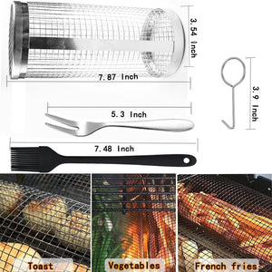 Cooking Coll Rolling Grilling Basket,Round Stainless Steel BBQ Grill Mesh,Grill Baskets for Outdoor Grill,Barbecue Net Tube Grate Fish,Vegetable,Fries - Camping Picnic Cookware(Mid,7.87 X 3.54 Inch)