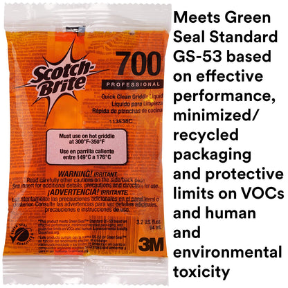 Scotch-Brite Griddle Cleaning, Quick Clean Liquid 700-40, 3.2 Oz Packet, 40/Pack, Heavy Duty, Cleans in 3-5 Minutes, for Baked on Food and Cooking Oils, Use on Hot or Cool Griddle