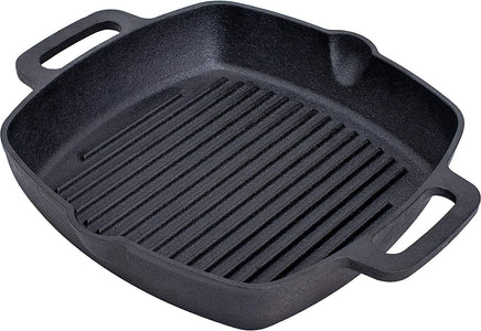 10" Square Cast Iron Grill Pan Steak Pan Pre Seasoned Grill Pan with Easy Grease Drain Spout, with Large Loop Handles for Grilling Bacon, Steak, and Meats