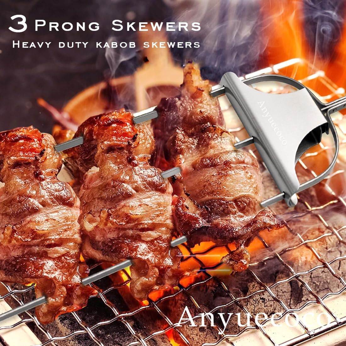 Anyuecoco Skewers for Kabobs,14 Inch 3-Prong Kabob Skewers for Grilling,Stainless Steel Skewer,With Push Bar Reusable Metal Skewer,Kabob Sticks,Perfect for Meat,Chicken,Sausages,Veggies,Shrimp (2 Pcs)