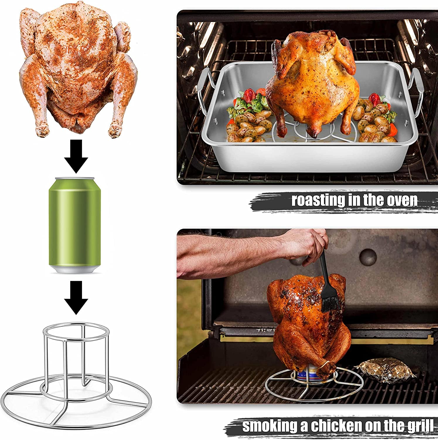 Teamfar Roasting Pan, Stainless Steel Large Turkey Roaster Pan with V Rack & Cooling Rack, Beer Can Chicken Holder & Meat Claws for Shredding & Silicone Brush, Healthy & Dishwasher Safe - 7 Pcs