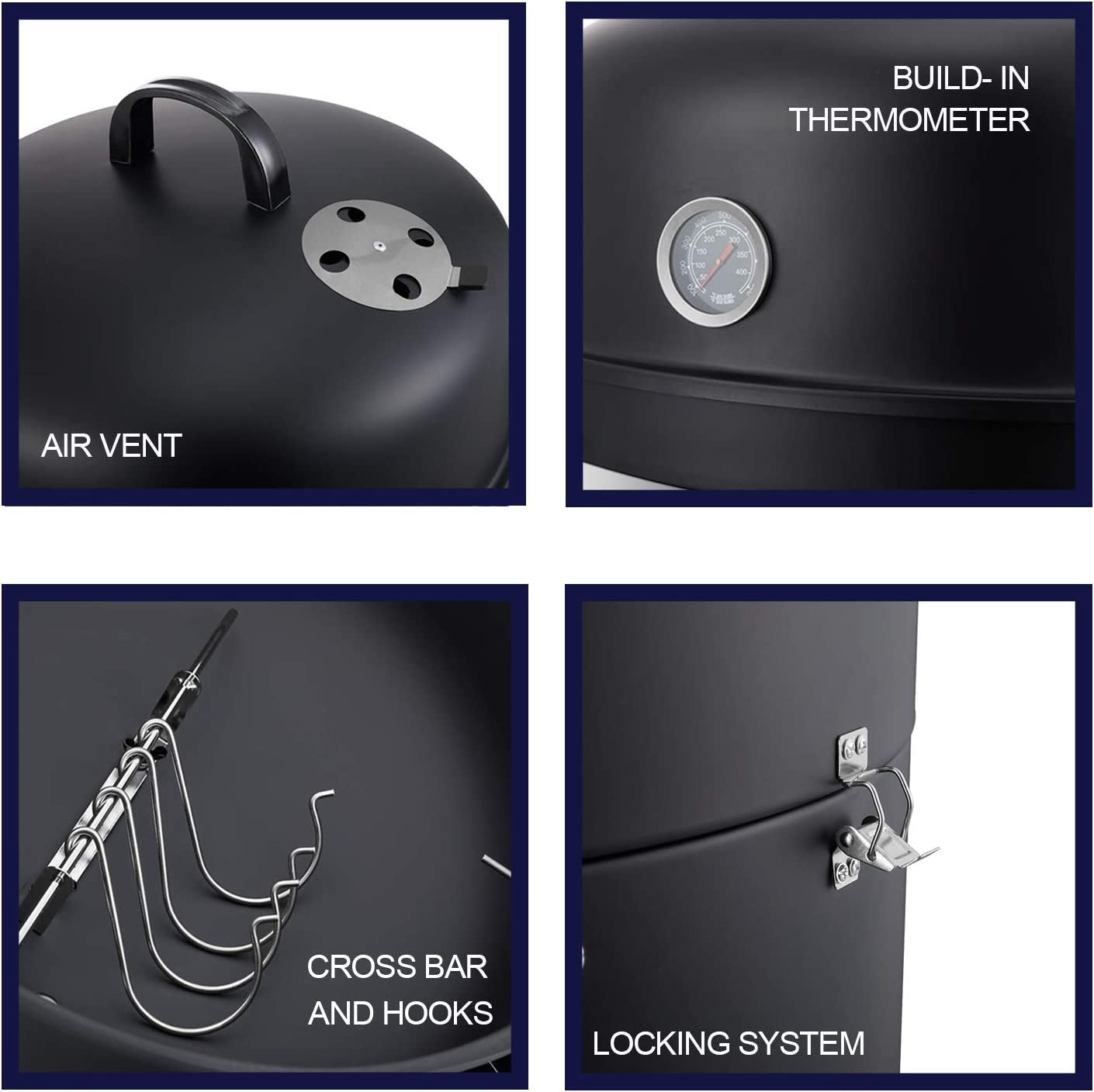 Realcook Vertical 17 Inch Steel Charcoal Smoker, Heavy Duty round BBQ Grill for Outdoor Cooking, Black