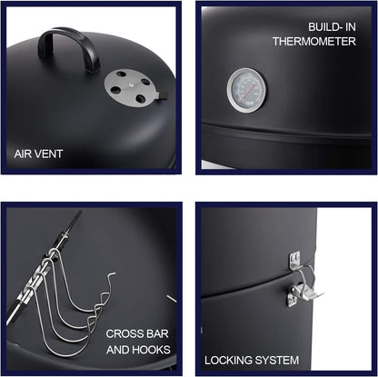 Realcook Vertical 17 Inch Steel Charcoal Smoker, Heavy Duty round BBQ Grill for Outdoor Cooking, Black