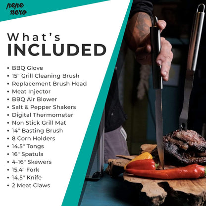 Grill Smoker Barbecue Accessories Tools Set - 29 Pcs Stainless Steel BBQ Flat Top Grill Tool Kit with Case for Outdoor Cooking & Camping – Deluxe Grilling Gift for Men (Aluminum Case)