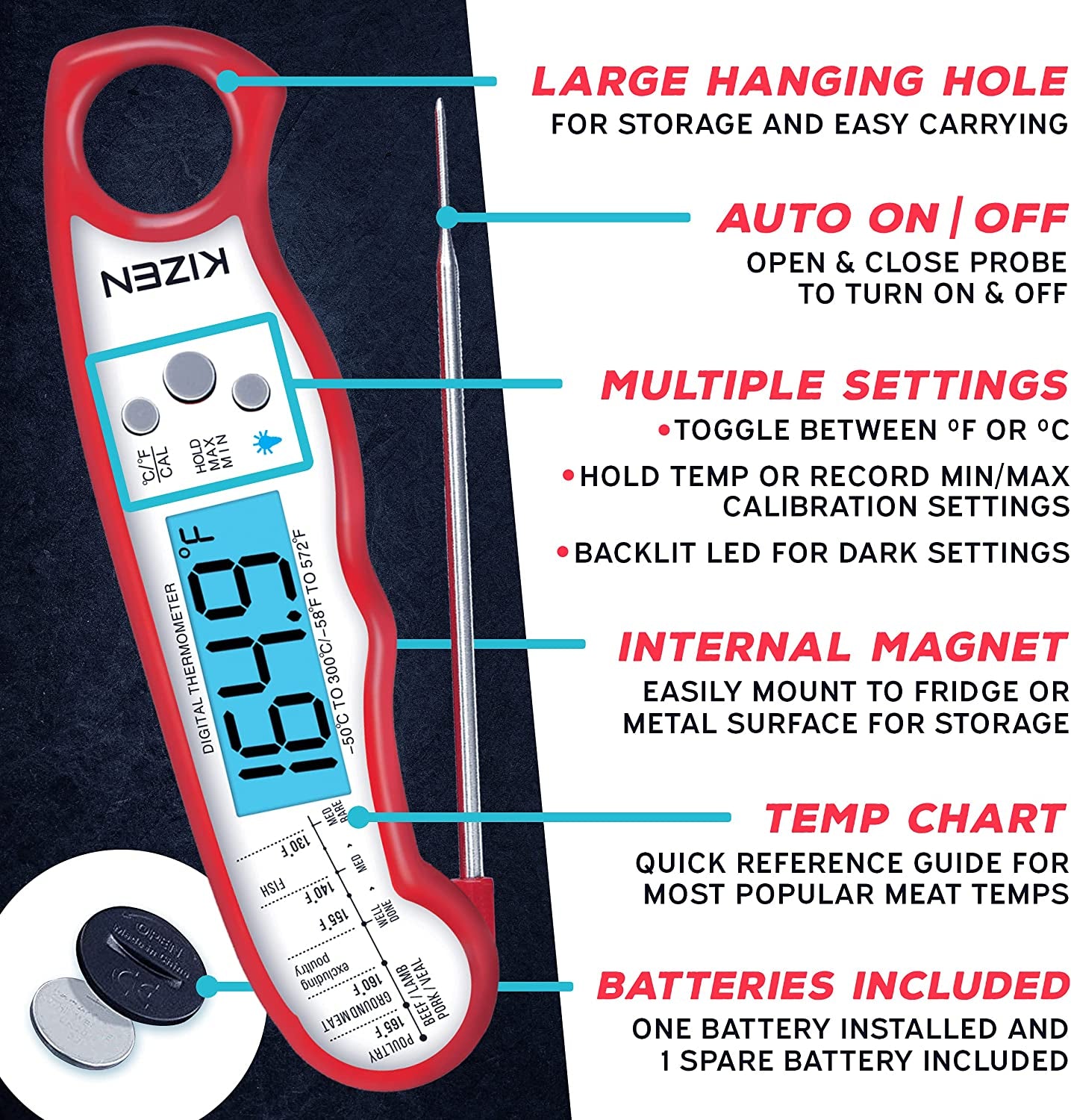 Digital Meat Thermometer with Probe - Instant Read Food Thermometer for Cooking, Grilling, BBQ, Baking, Liquids, Candy, Deep Frying, and More - Red/White