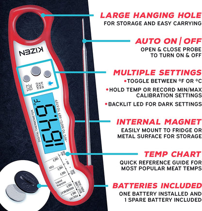 Digital Meat Thermometer with Probe - Instant Read Food Thermometer for Cooking, Grilling, BBQ, Baking, Liquids, Candy, Deep Frying, and More - Red/White
