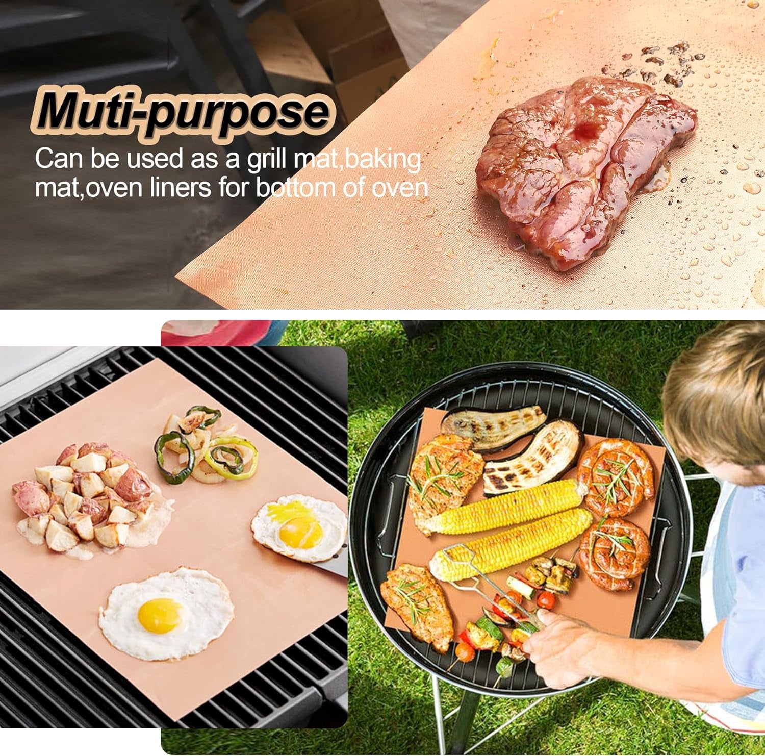 Copper Grill Mats for Outdoor Grill, Set of 6 Heavy Duty Grill Mats, Non Stick BBQ Grill Mats & Baking Mats, Resuable and Easy to Clean, Works on Gas Charcoal and Electric BBQ-15.75 X 13 Inch