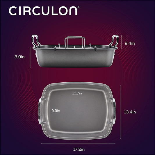 Circulon Nonstick Roasting Pan / Roaster with Rack - 17 Inch X 13 Inch, Gray
