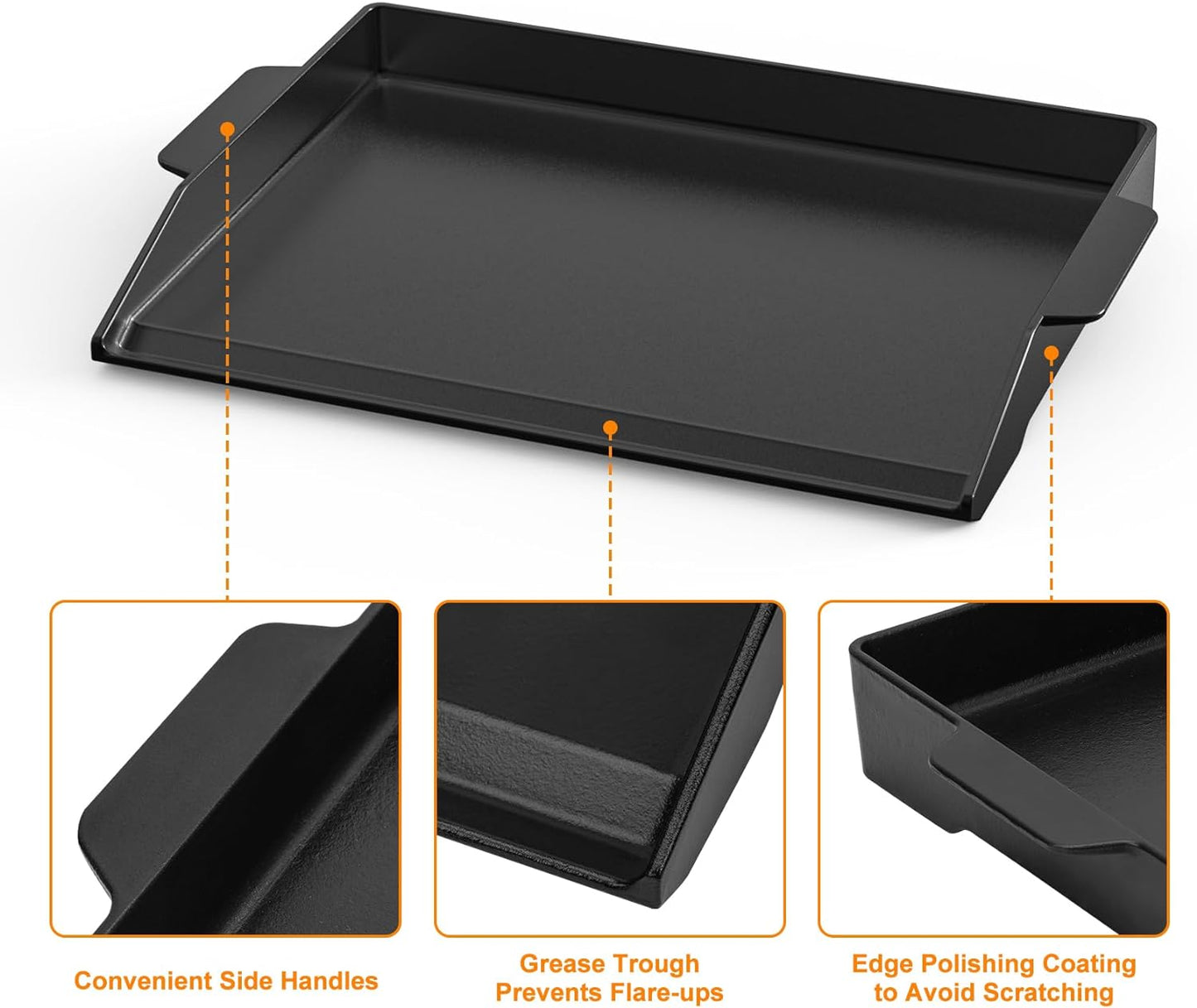 Universal Cast Iron Cooking Griddle, Nonstick Coating Griddle Flat Top Grill Plate with Extra High Sidewalls for All Gas Grills and 4 Burner Range Oven, 23" X 16"