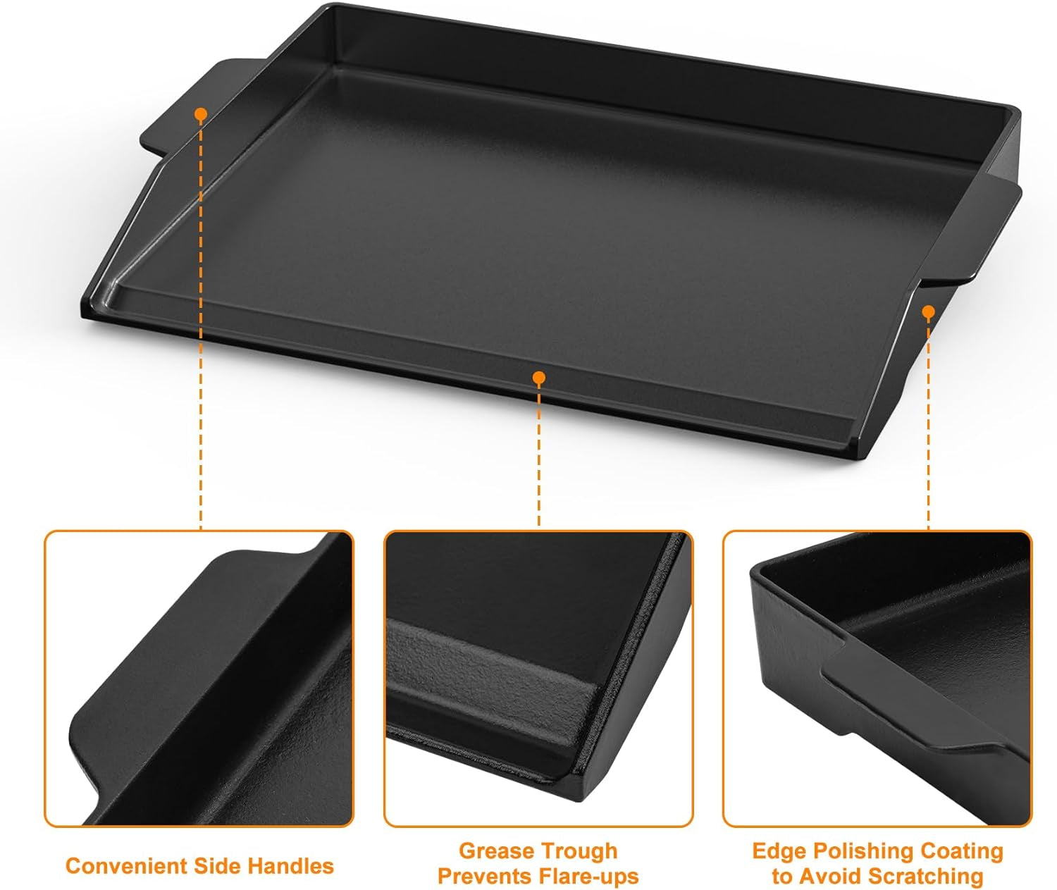 Universal Cast Iron Cooking Griddle, Nonstick Coating Griddle Flat Top Grill Plate with Extra High Sidewalls for All Gas Grills and 4 Burner Range Oven, 23" X 16"