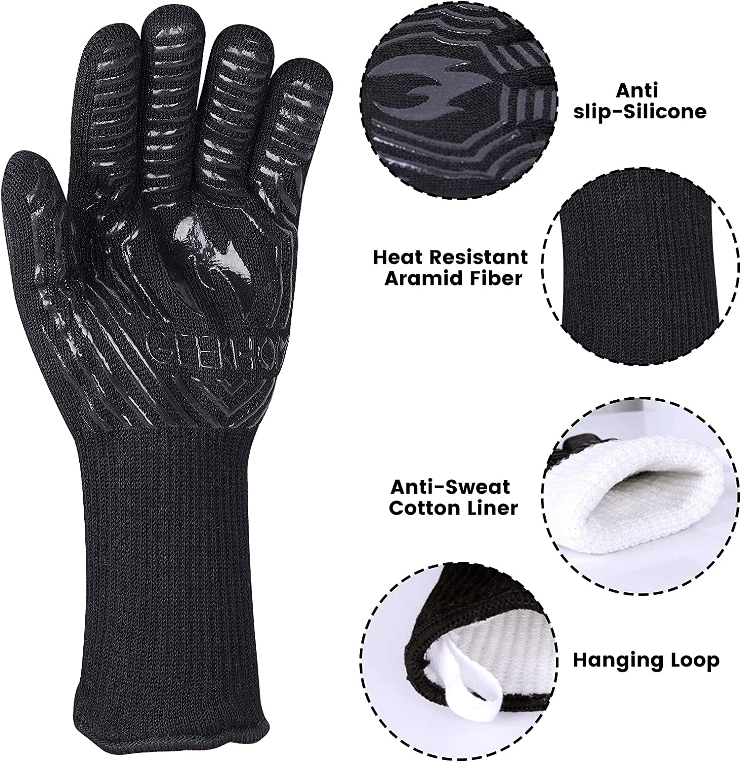 BBQ Gloves,1472℉ Heat Resistant Grill Gloves, EN407 Certified 13 Inch Grilling Gloves for Smoker, Baking, Cooking, Fire Pit (Black-Flames Texture)