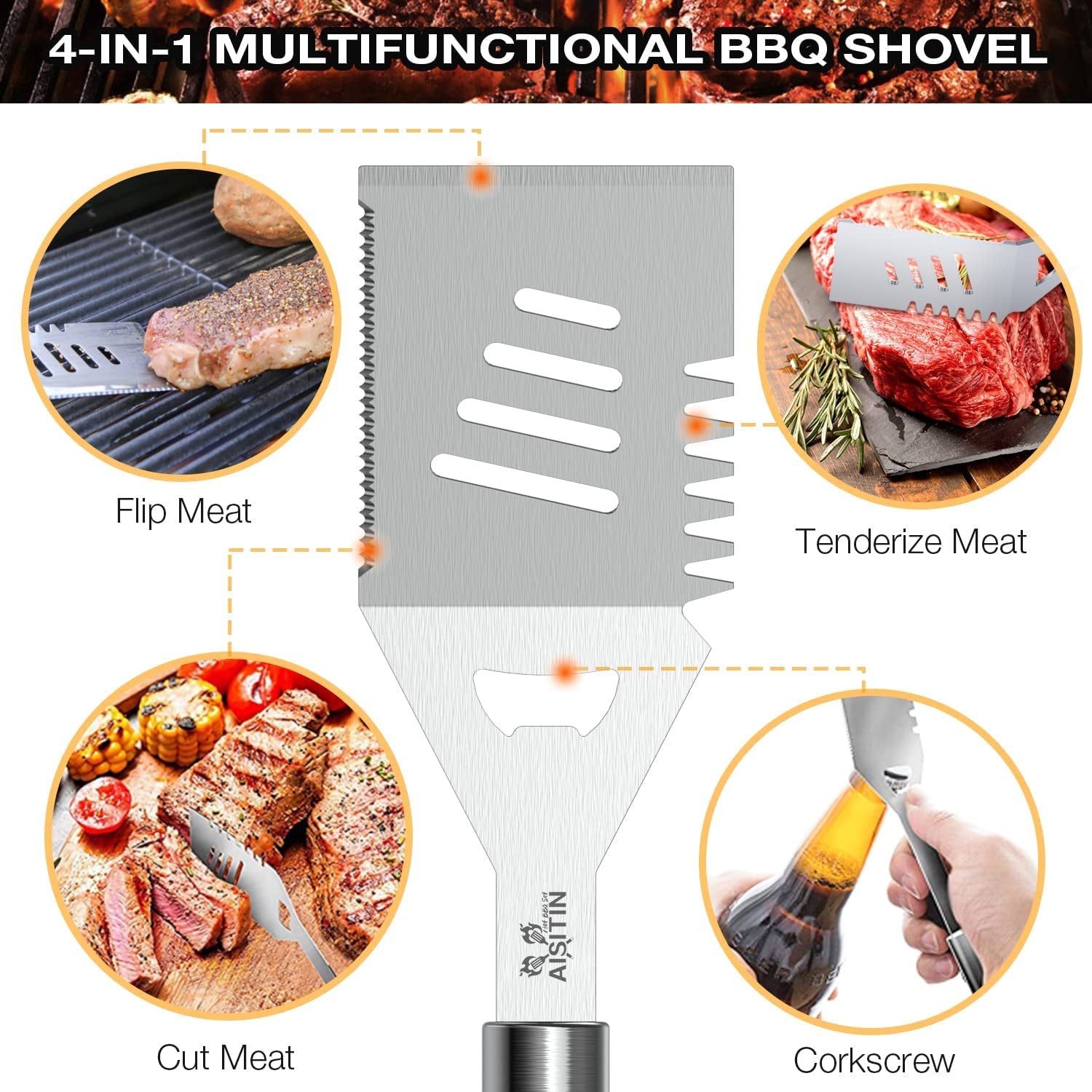 AISITIN 35PCS Grill Accessories BBQ Tools Set, Stainless Steel Grilling Kit with Thermometer, Fork, Tongs and Spatula, Meat Injector, Grill Mat - Gifts for Dad Durable, Stainless Steel Grill Tools