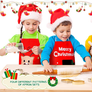 4 Sets Christmas Kids Apron and Chef Hat Boys Girls Aprons with 2 Pockets Hats Cooking Kitchen Painting Baking Wear