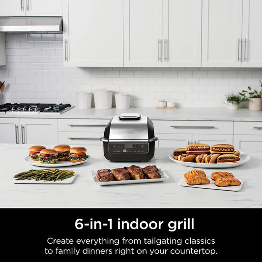 EG201 Foodi 6-In-1 Indoor Grill with Air Fry, Roast, Bake, Broil, & Dehydrate, 2Nd Generation, Dishwasher Safe, Black/Silver