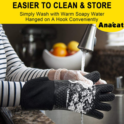 Anaeat BBQ Grilling Gloves Heat Resistant, Versatile Waterproof Cooking Gloves - 100% Cotton Lining Silicone Oven Mitts, Flexible Potholder for Barbecue, Baking - Thick Long Wrist Protection (Black)