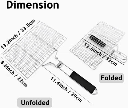 Grill Basket, Stainless Steel Barbecue Basket with Foldable Handle, Portable Outdoor/Camping Grilling Accessories, Grill Vegetable Basket for Garden, Outdoor, Camping