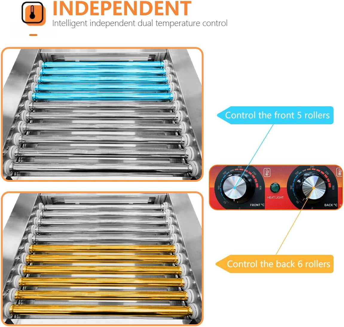 1670W Hot Dog Roller Machine/Sausage Grill with Dust Cover,Stainless Steel 11 Rollers 30 Hot Dog Roller Grill Cooker Machine with Dual Temp Control and LED Light/Detachable Drip Tray