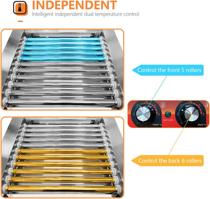 1670W Hot Dog Roller Machine/Sausage Grill with Dust Cover,Stainless Steel 11 Rollers 30 Hot Dog Roller Grill Cooker Machine with Dual Temp Control and LED Light/Detachable Drip Tray