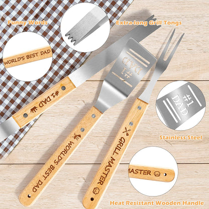 3PCS Father Grilling Tool BBQ Accessories Set World’S Best Dad Stainless Steel Grilling Tong Dad Birthday Present Men Outdoor Camping Housewarming Party Supplies