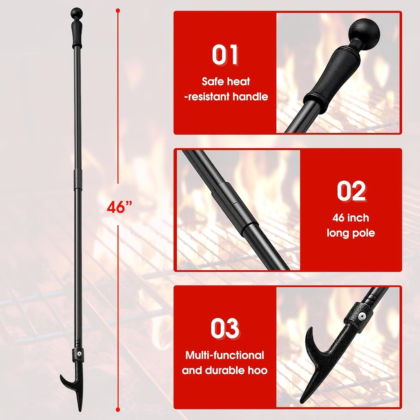 46 Inch Long Fire Poker, Camping Fire Poker Kit for Outdoor Campfire, Fireplace Fire Poker Tools for Indoor Fire