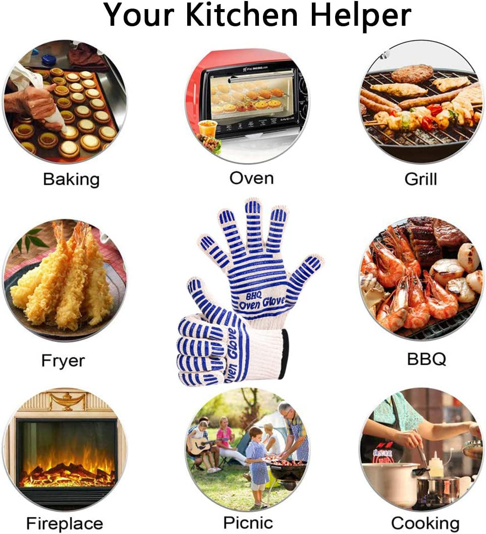 Extreme Heat Resistant Oven Gloves -Oven Mitt Hand Protection from Air Fryer Cooking Gloves for BBQ Grilling Baking Cutting Welding Smoker Fireplace Party Present Christmas Use (Blue)