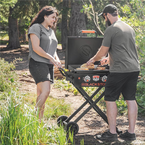 Image of 1935 on the Go Scissor-Leg Two Burners Gas Hood, Wheels, Side Shelf Heavy Duty Outdoor Stainless Steel Griddle for Backyard, Patio Camping, 22, Black