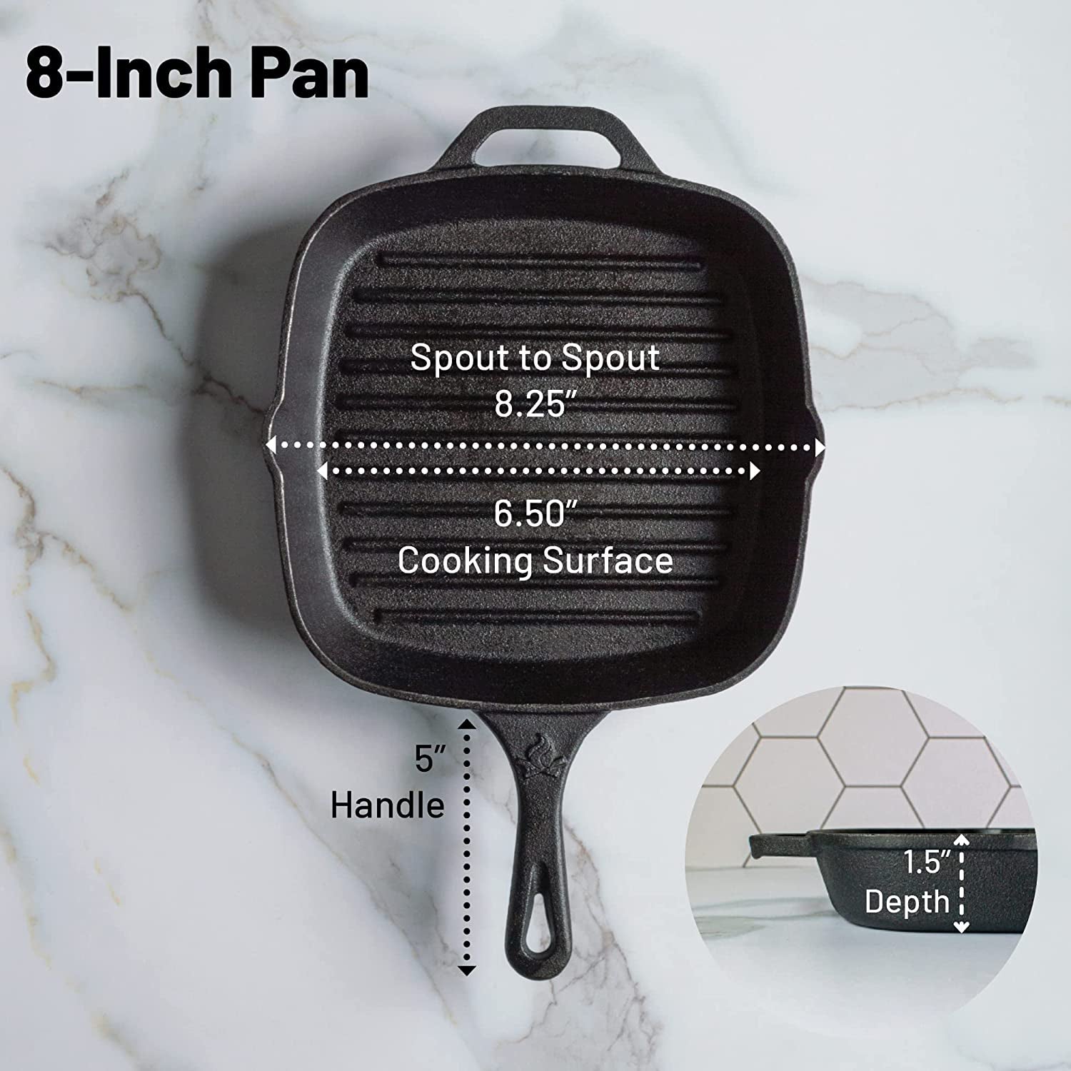 8 Inch Square Grill Pan Medium Pre-Seasoned Cast Iron