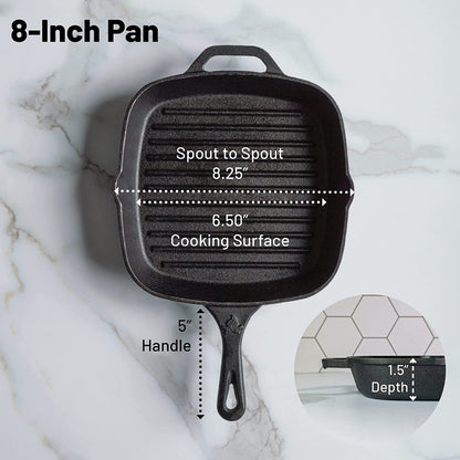 8 Inch Square Grill Pan Medium Pre-Seasoned Cast Iron