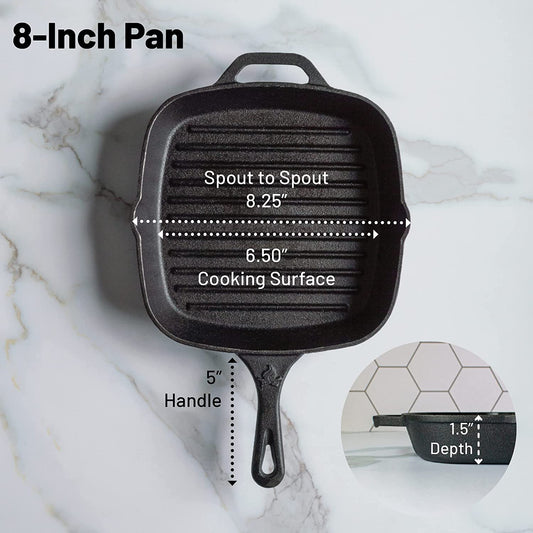 8 Inch Square Grill Pan Medium Pre-Seasoned Cast Iron