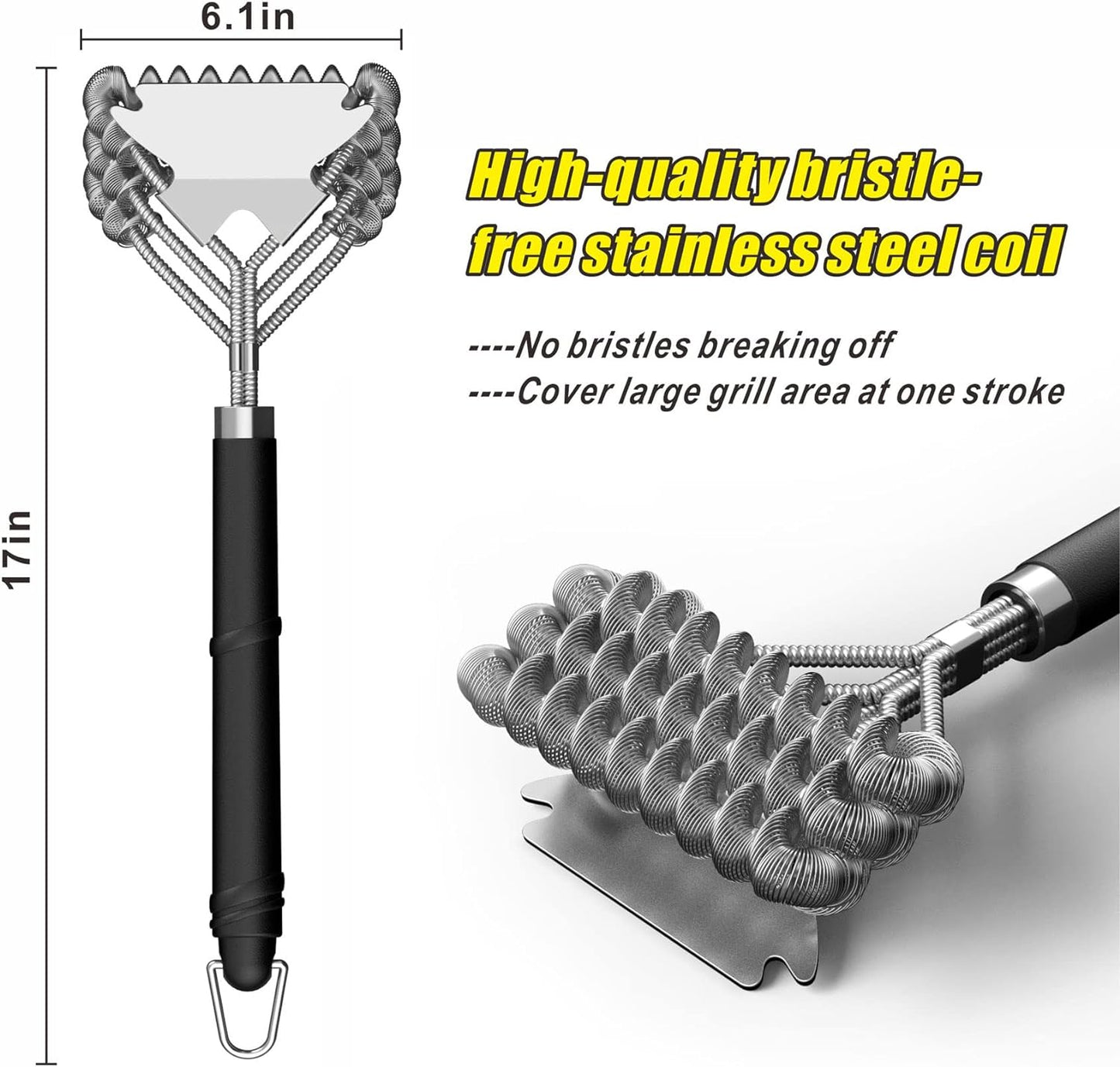 Grill Brush and Scraper, Bristle Free Safe Grill Brush for Outdoor Grill, Stainless Steel BBQ Brush for Grill Cleaning, BBQ Grill Accessories Gifts for Men, Hooks and 3D Universal Scraper Included