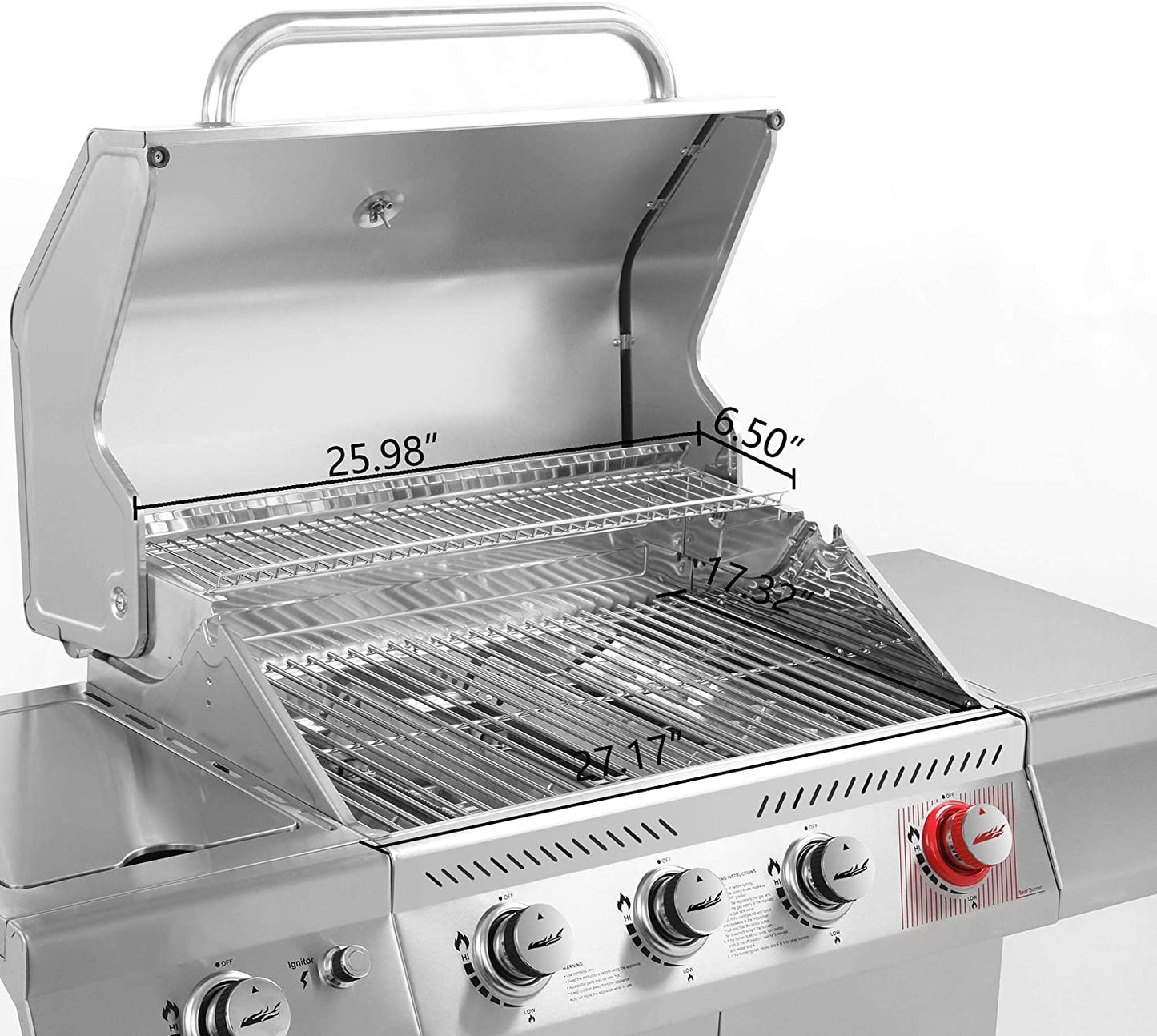 GA4402S Stainless Steel 4-Burner BBQ Propane Gas Grill, 54000 BTU Cabinet Style Gas Grill with Sear Burner and Side Burner Perfect Patio Garden Picnic Backyard Party Silver